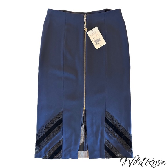 ROLAND MOURET NAVY BLUE BLACK LAC3 & VELVET PENCIL SKIRT SZ US 10 - Picture 15 of 17